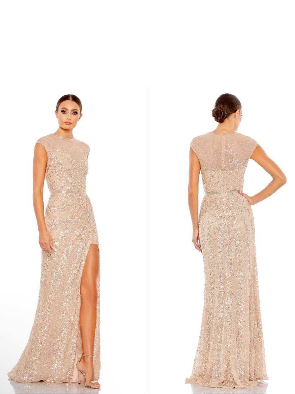 New Women's Mac Duggal Embellished Neck Illusion Cap Sleeve Floor Length Gown 4